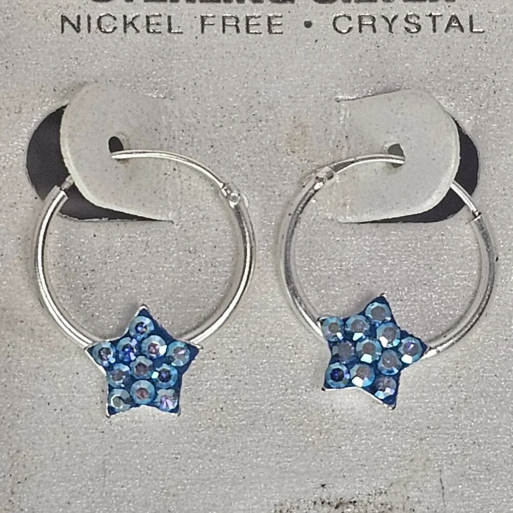Girls Sterling Silver crystal blue star hoop earrings jewelry new   The earrings